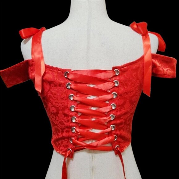 Sugar Thrillz Scarlet Satin Floral Jacquard Corset w/ Tie Straps & Lace‑Up – M - Picture 2 of 8